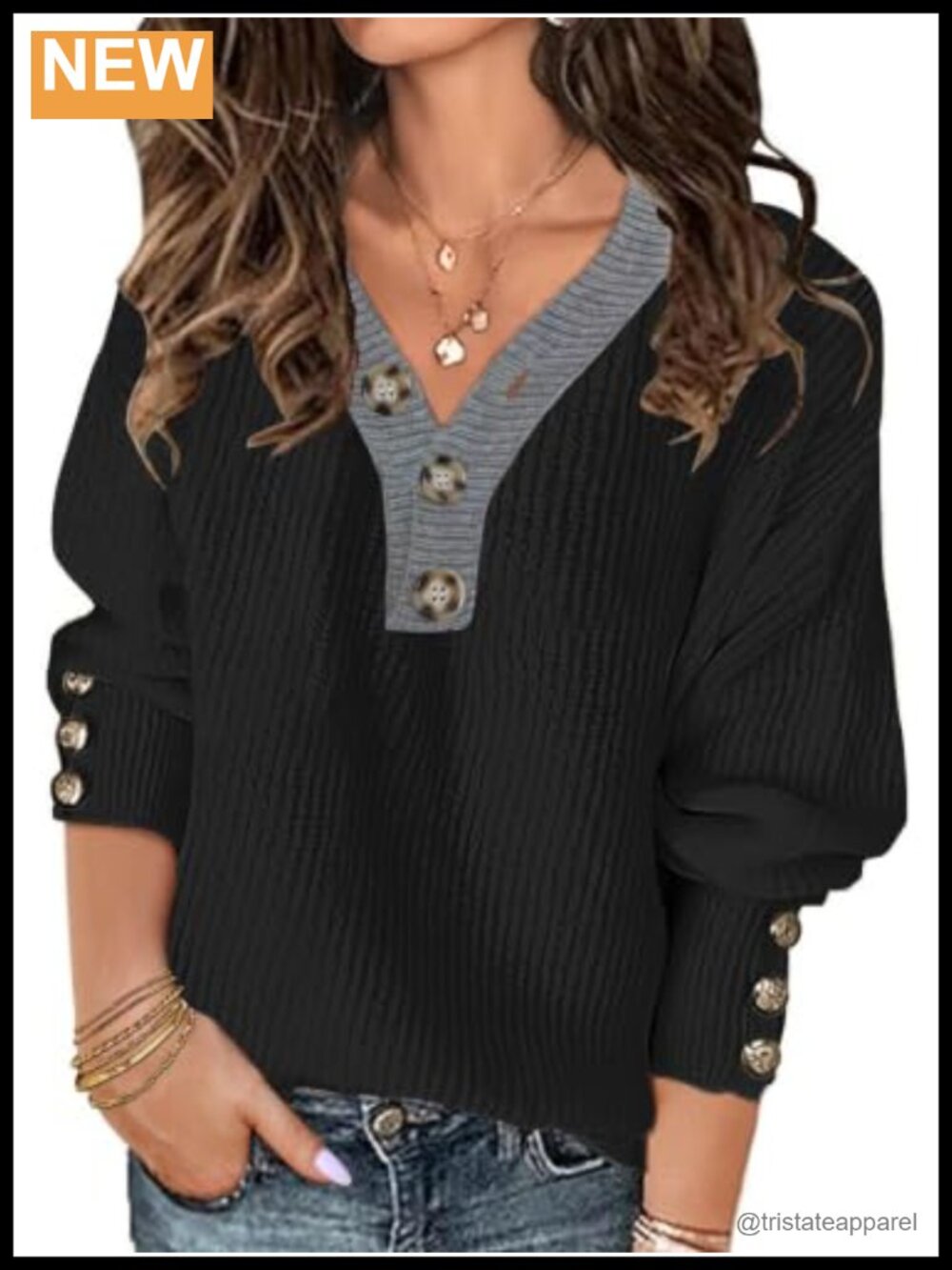 Oversized Knit Pullover Sweater Drop Shoulder V-Neck Tunic